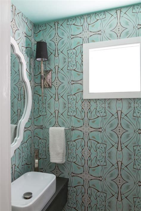 Turquoise Contemporary Powder Room With Graphic Wallpaper Hgtv