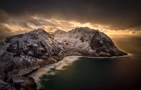 Wallpaper Winter Sea Snow Mountains Clouds Coast Norway Panorama
