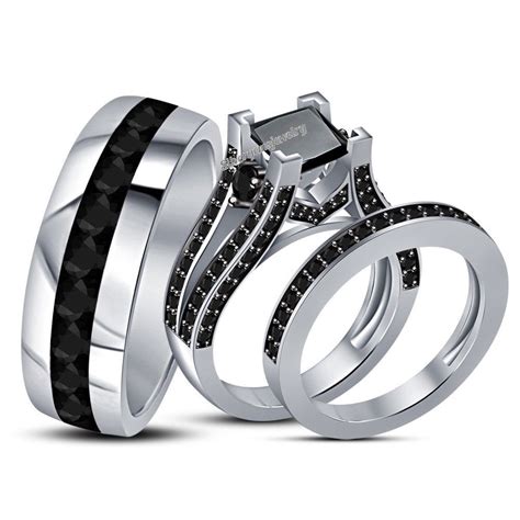Bride And Groom Trio Ring Set Princess Black Diamond 14k White Gold