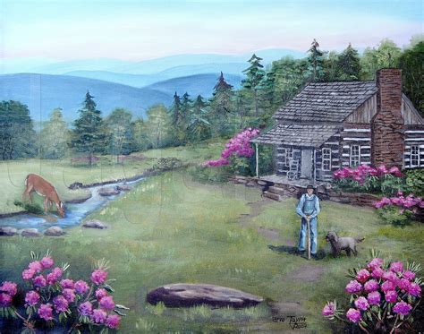 Folk Art Log Cabin Prints Blue Ridge Mountain Original Etsy