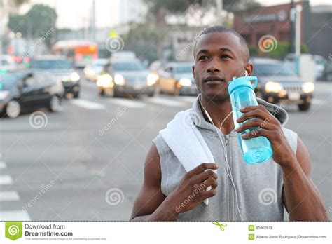 African American Sport Man Drinking Water Bottle In New York City Male