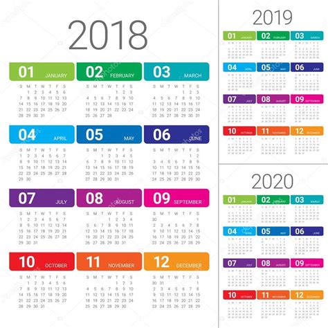 Year 2018 2019 2020 Calendar Vector — Stock Vector © Dolphfynlow 165811032