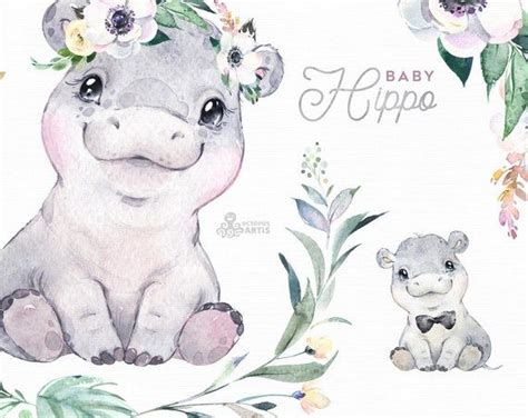 Baby Hippo Watercolor Little Animal Clipart Babies Flowers Safari