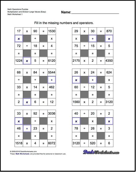 Number Grid Puzzles All Operations With Missing Values And Operations
