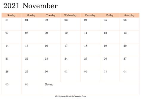 2021 Printable Calendar November
