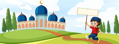 A Muslim Boy Holding Banner In Front Of Mosque 374514 Vector Art At