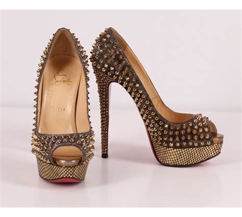 Authentic Christian Louboutin Gold Spike High Heels Lady Peep Strass