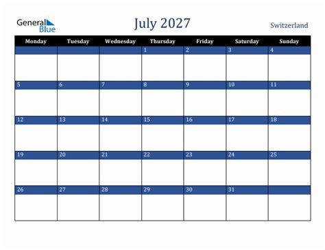 July 2027 Switzerland Monthly Calendar With Holidays