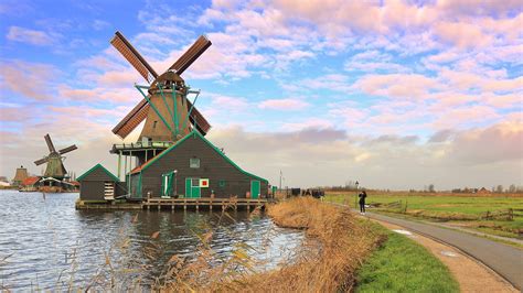 The Netherlands Windmill River Sky Clouds Wallpaper Travel And