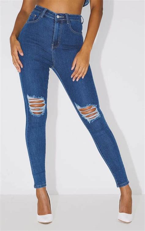 Prettylittlething Mid Blue Knee Rip 5 Pocket Skinny Jean From