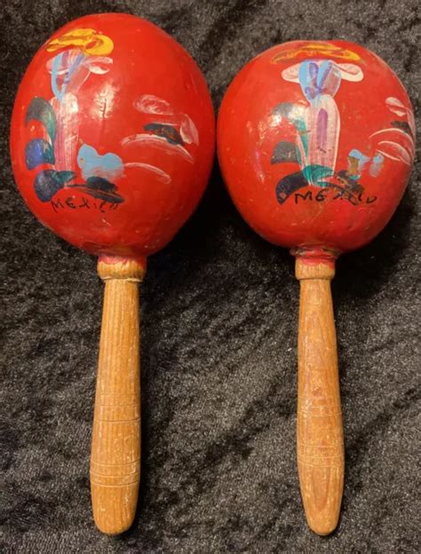 Vintage Mexico Maracas Hand Painted Mexican Red Taxco Gourd Shakers Set