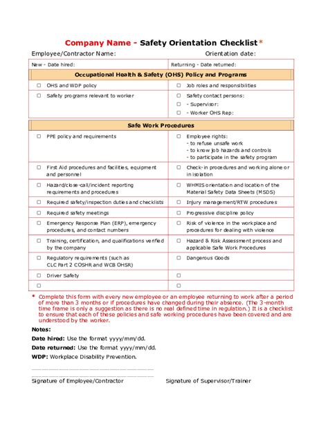 Safety Orientation Checklist Template