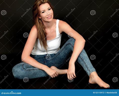 Young Woman Sitting On Floor Stock Photo Image Of Caucasian Dslr
