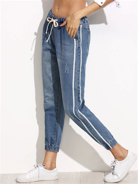 Side Stripe Elastic Cuff Jeans Sheinsheinside