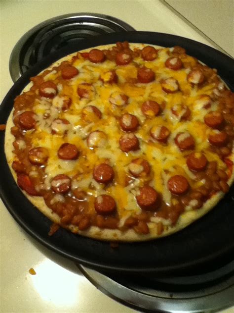Add the onion and bell pepper and cook until lightly browned, stirring constantly. Baked bean & hot dog pizza | Baked hot dogs | Pinterest ...