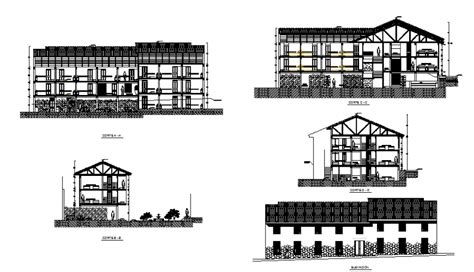 Main Elevation And All Sided Sectional Details Of Multi Level Hotel Dwg