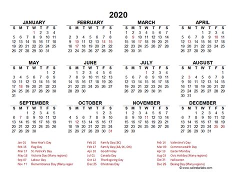 Year Printable Template Excel Calendar 2020