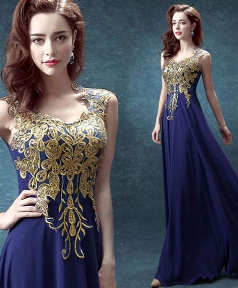 Navy Blue Chiffon And Gold Lace Long Prom Dress Dresses Blue Evening