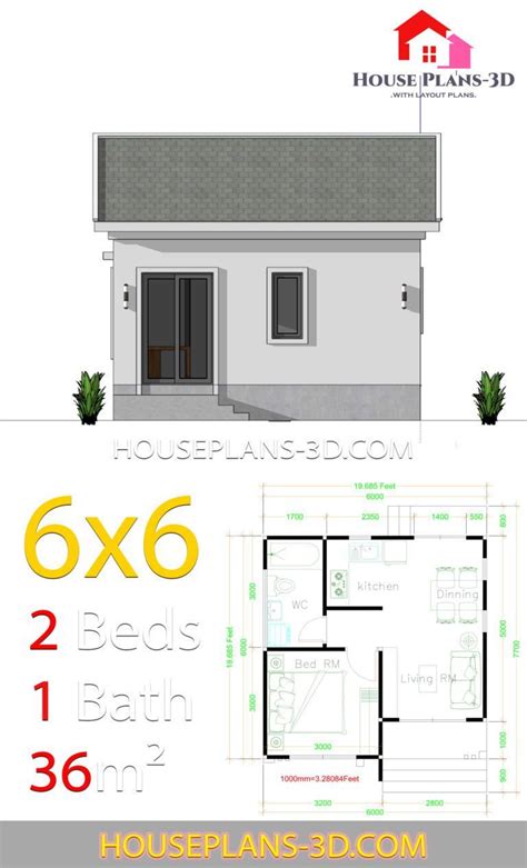 House Plans 6x6 With One Bedrooms Gable Roof House Plans 3d House