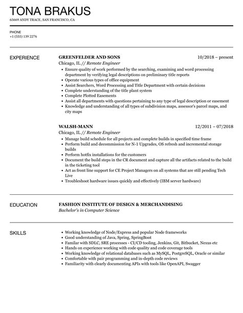 Remote Engineer Resume Samples | Velvet Jobs
