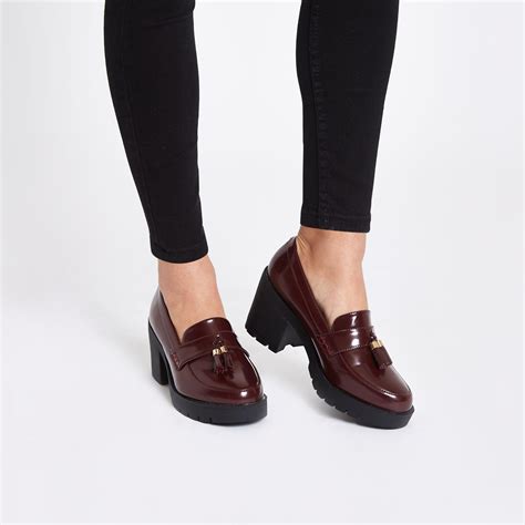 River Island Heeled Chunky Loafers In Burgundy In Red Lyst