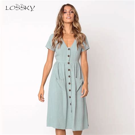 lossky women casual a line dress v neck solid polyester summer dresses for women knee length
