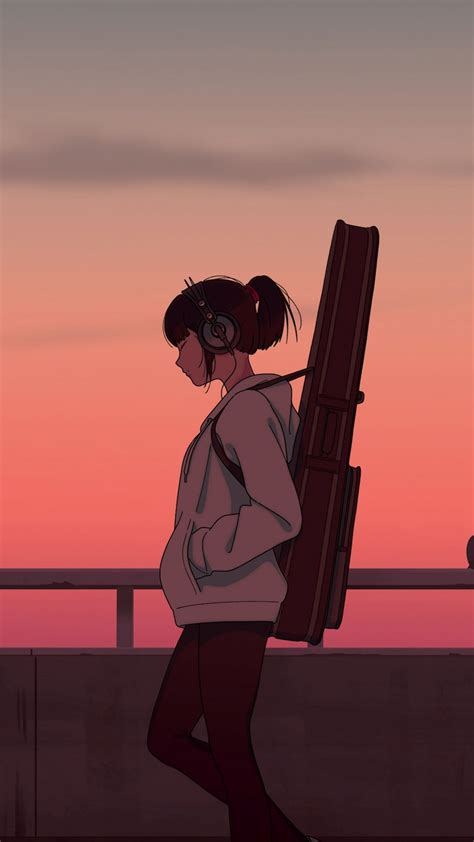 1080x1920 Girl Musician Guitar Anime Girl Sunset Art Wallpaper