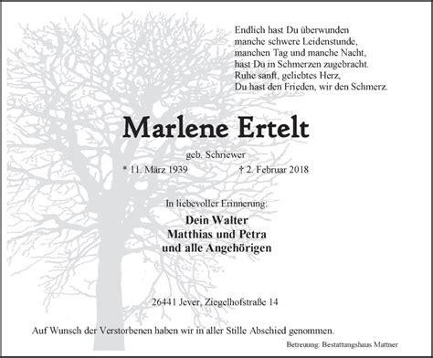 Traueranzeigen Von Marlene Ertelt Nordwest Trauerde