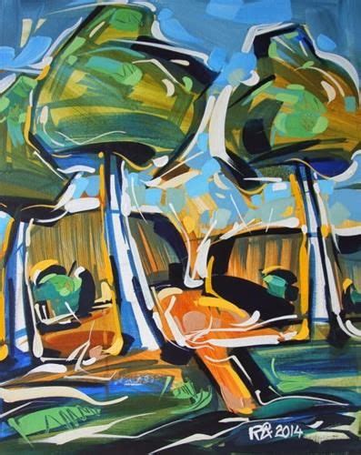 An Abstract Painting Of Trees With Blue Sky In The Background