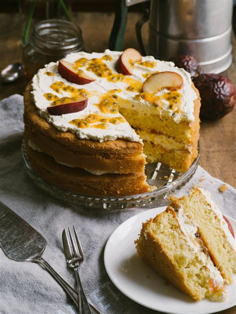 Place a layer on a cake stand; White Peach & Passionfruit Sponge Cake | Fruit cake ...