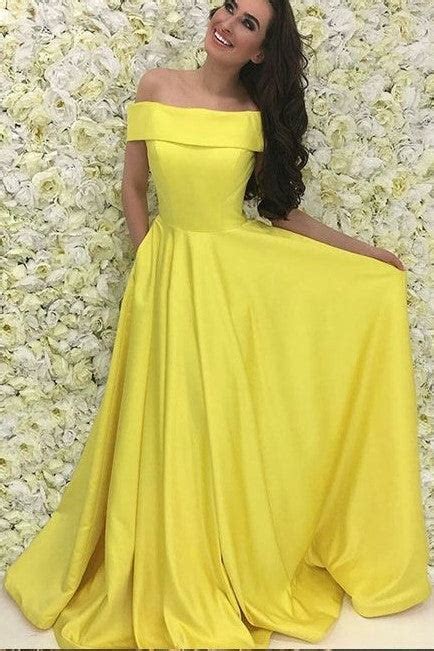 Yellow Satin Off The Shoulder Prom Dresses With Pockets Loveangeldress