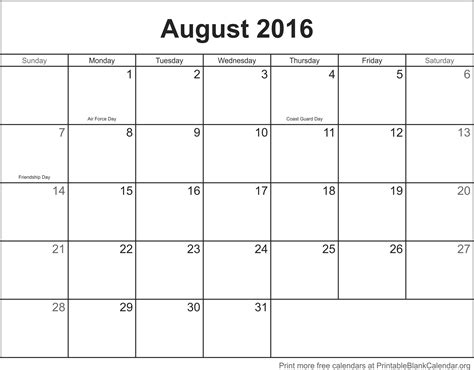 Free Calendar August 2016 Printable Blank