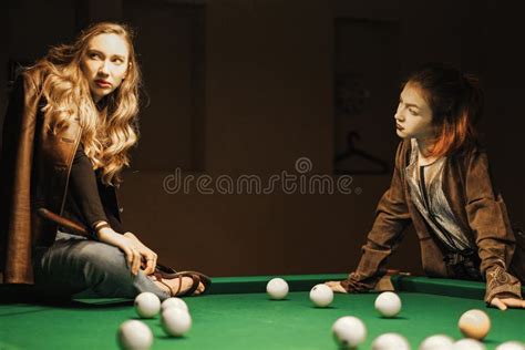 Two Beautiful Girls In The Billiard Room Stock Image Image Of Beauty