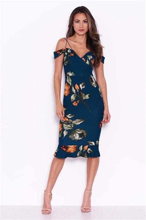 Teal Floral Off The Shoulder Dress With Frill Detail Ax Paris