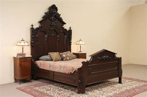 Victorian 1860s Antique Carved Walnut Queen Size Bed