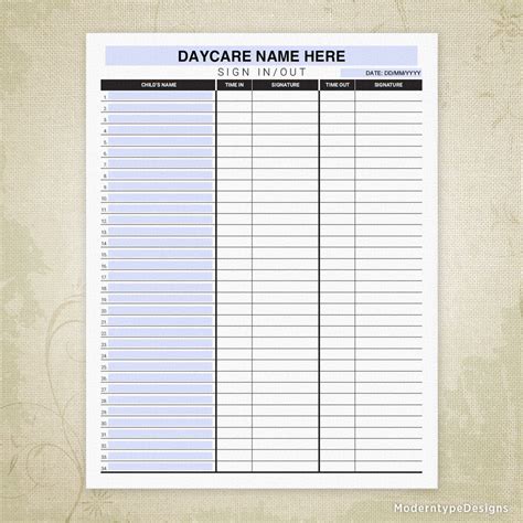 Daycare Sign In And Out Printable Form Editable Moderntype Designs
