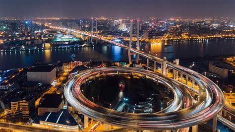 Bridge City Lights River Asia Cityscape Shanghai 4k China