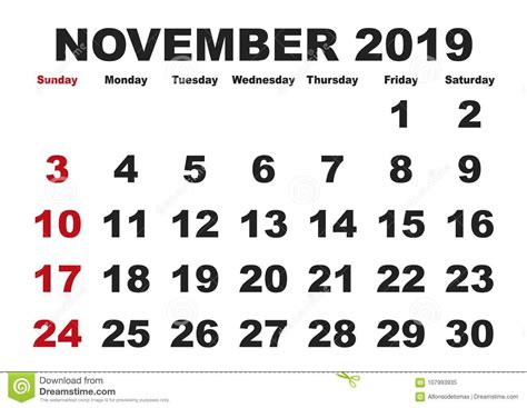 November Month Calendar 2019 English Usa Stock Vector Illustration Of