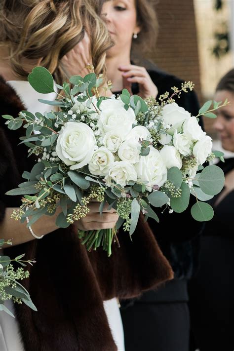 White Roses And Seeded Eucalyptus Wedding Bouquet Winter Wedding