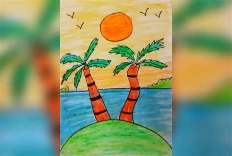 Waktu Senja Lukisan Pemandangan Di Tepi Pantai Yang Mudah Ilustrasi