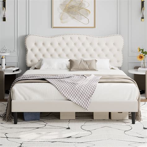 Homfa King Size Bed Frame Velvet Upholstered Platform Bed With Button