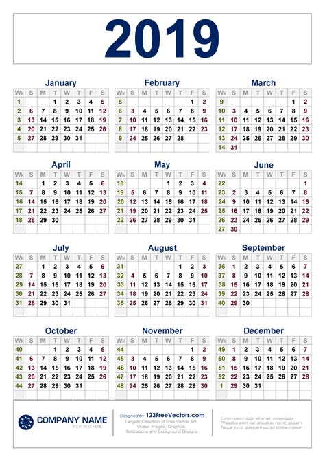 2019 Yearly Calendar Printable