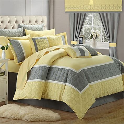 This stylish comforter features a grey and white chevron print broken up by white vertical stripes and a solid. Chic Home Ariane 25-Piece Comforter Set - Bed Bath & Beyond