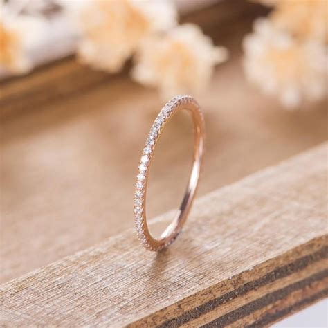Eternity Diamond Band Rose Gold Wedding Band Women Minimalist Stacking Matching Delicate Ring Bridal Dainty Promise Anniversary Simple 