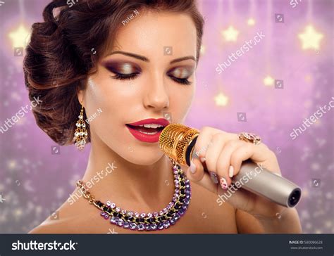 Beautiful Singing Girl Beauty Woman Microphone Stock Photo 580086628