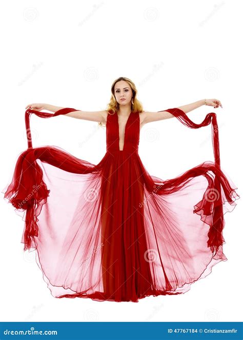 Young Beauty Woman In Fluttering Red Dress Stock Photo Image Of