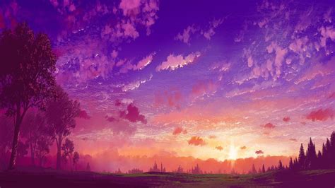 Anime Landscape Anime Purple Sunset ภาพพื้นหลัง วอลเปเปอร์ ภาพประกอบ
