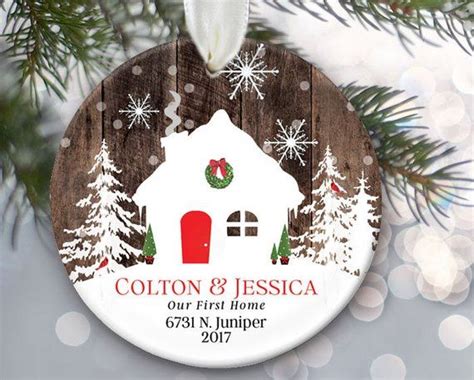 Personalized Christmas Ornament With House And Wreath On Wooden Planks