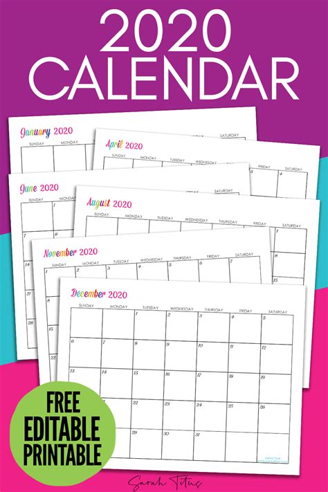 Free 12 Month Editable Calendars Template Calendar Design