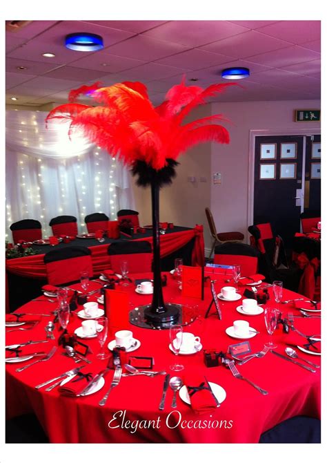 Red Black Feather Centrepiece Table Set Up Feather Centerpieces Table